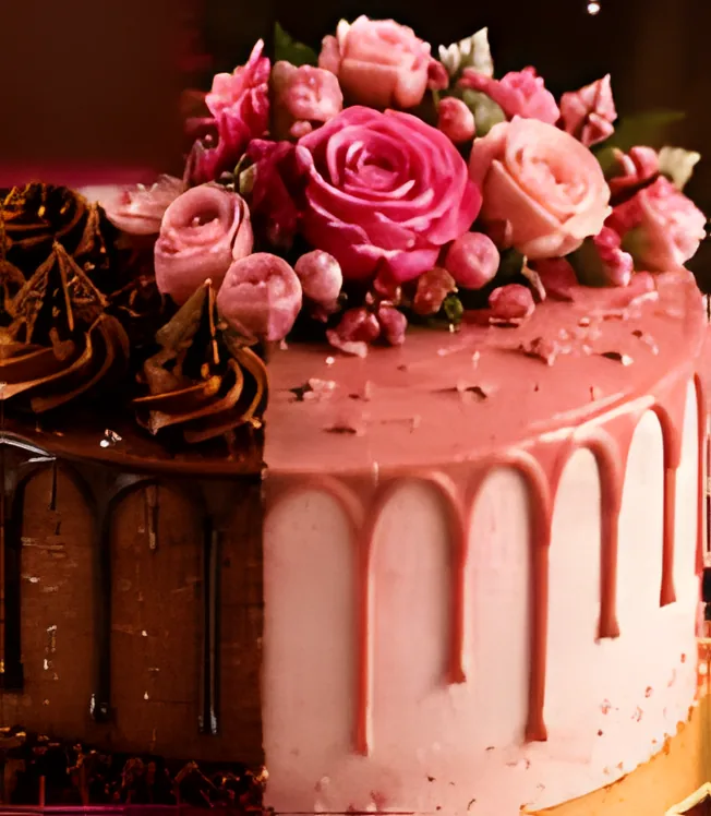 Gâteau d'anniversaire rose et chocolat, décoré de roses